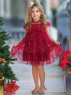 Dancing Star Sequin Tiered Tulle Dress -MEO Kid Clothing Shop 6742478979136 Red 1