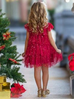 Dancing Star Sequin Tiered Tulle Dress -MEO Kid Clothing Shop 6742478979136 Red 3