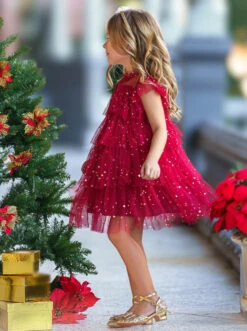 Dancing Star Sequin Tiered Tulle Dress -MEO Kid Clothing Shop 6742478979136 Red 5