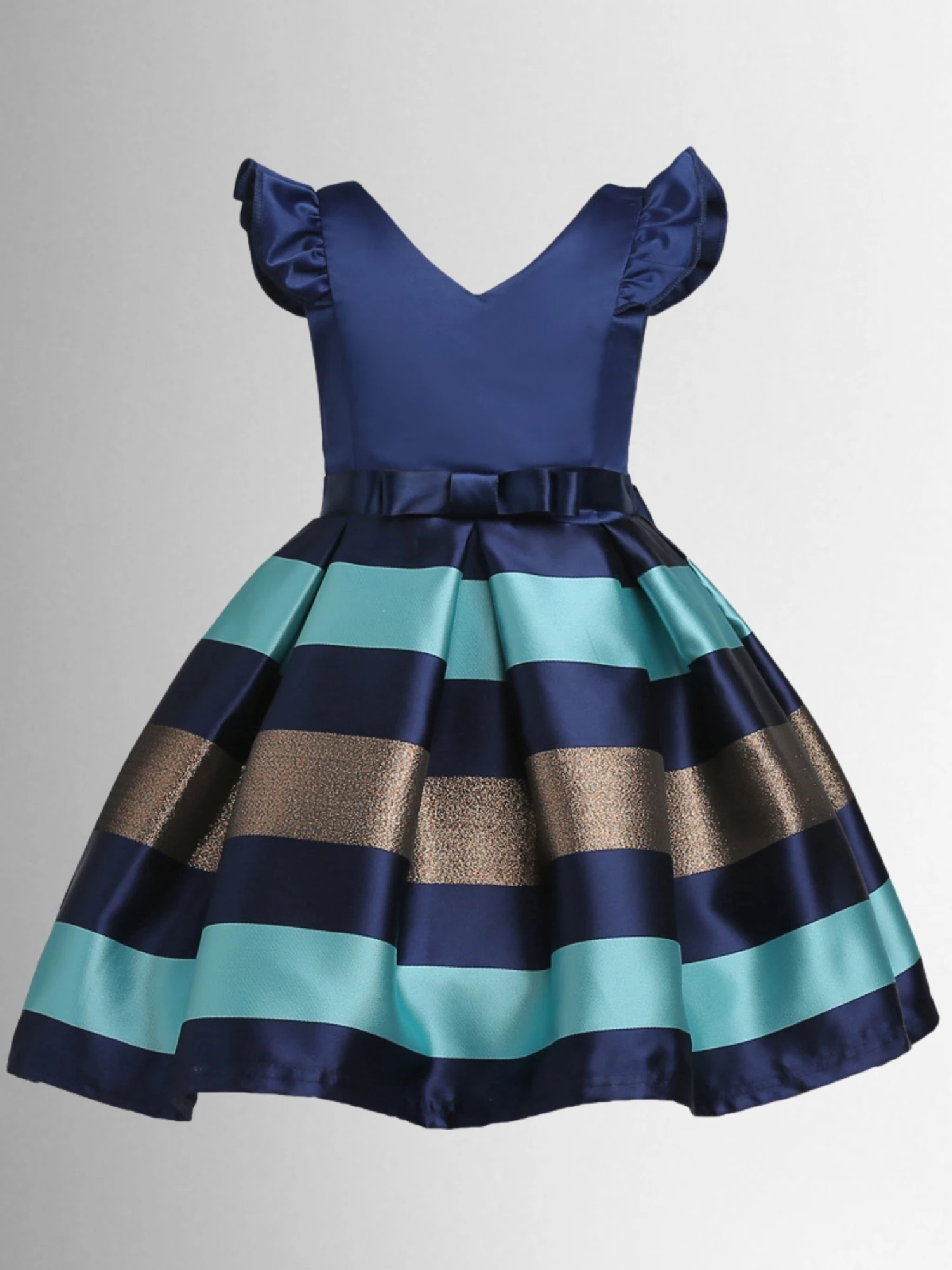 Festive Flutter Sleeve Navy Striped Party Dress 3 Festive Flutter Sleeve Navy Striped Party Dress