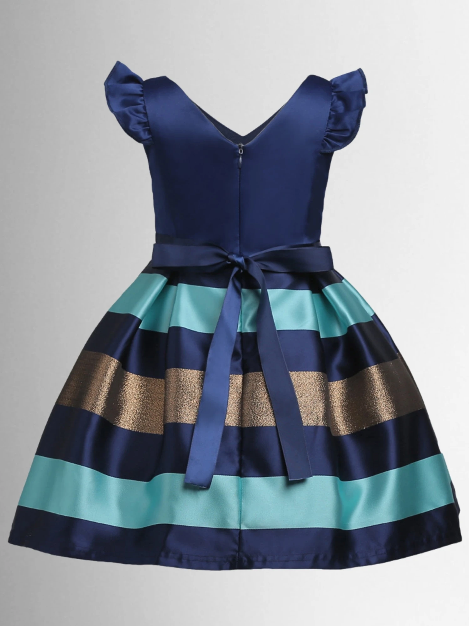 Festive Flutter Sleeve Navy Striped Party Dress 4 Festive Flutter Sleeve Navy Striped Party Dress - Image 2
