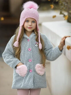 Girls Medium Long Wool Hooded With Fluffy Pockets Coat