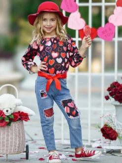 Love Power Distressed Patched Jeans Set