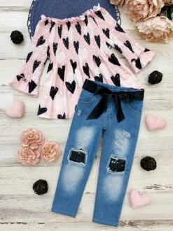 Lovely Hearts Club Sequin Patched Jeans Set -MEO Kid Clothing Shop FALL12SET113CABPH 1