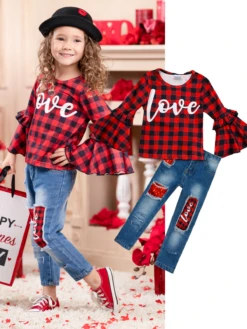 For Love Of Plaid Patched Jeans Set -MEO Kid Clothing Shop FALL12SET118CAPLD