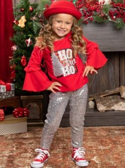 Ho Ho Ho Bell Sleeve Top & Sequin Legging Set -MEO Kid Clothing Shop FALL12SET97CATSS 1