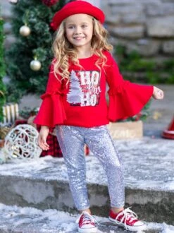 Ho Ho Ho Bell Sleeve Top & Sequin Legging Set -MEO Kid Clothing Shop FALL12SET97CATSS 3