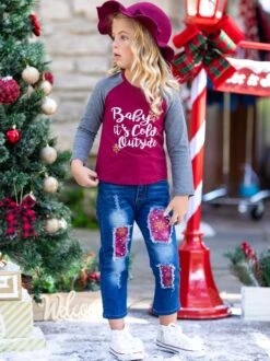 Baby It's Cold Outside Patched Top & Jeans Set