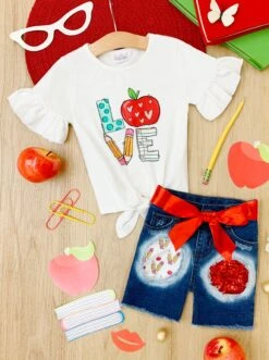 Love To Learn Patched Denim Shorts Set