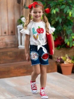 Love To Learn Patched Denim Shorts Set -MEO Kid Clothing Shop GBSEB020 White 2