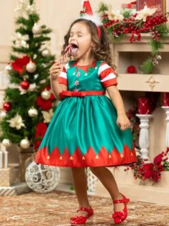 Cutest Elf On A Shelf Holiday Party Dress -MEO Kid Clothing Shop GCDRA018 Green 13