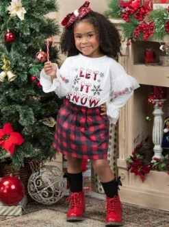Let It Snow Pom Pom Plaid Skirt Set 12 Let It Snow Pom Pom Plaid Skirt Set -MEO Kid Clothing Shop GCSEB044 Red 7