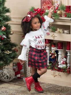 Let It Snow Pom Pom Plaid Skirt Set 13 Let It Snow Pom Pom Plaid Skirt Set -MEO Kid Clothing Shop GCSEB044 Red 8