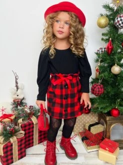 Plaid Present Pocket Skirt Set -MEO Kid Clothing Shop GFSEB024 Black 8
