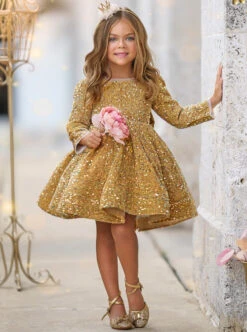 Born To Sparkle Long Sleeved Special Occasion Dress 11 Born To Sparkle Long Sleeved Special Occasion Dress -MEO Kid Clothing Shop GSDRB013 Champagne 4