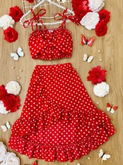 Sweet Little Dot Crop Top & Wrap Skirt Set -MEO Kid Clothing Shop GSSEBB009 Red 1