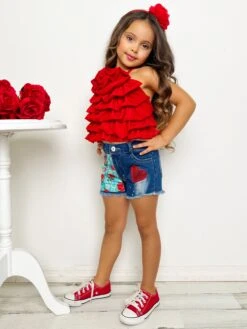 My Darling Blossom Red Rosette Tiered Top And Shorts Set -MEO Kid Clothing Shop GSSEC092 Red 2