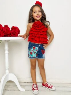My Darling Blossom Red Rosette Tiered Top And Shorts Set -MEO Kid Clothing Shop GSSEC092 Red 3