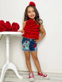 My Darling Blossom Red Rosette Tiered Top And Shorts Set