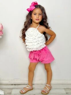 My Darling Blossom White Rosette Tiered Top And Shorts Set -MEO Kid Clothing Shop GSSEC092 White