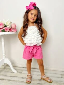 My Darling Blossom White Rosette Tiered Top And Shorts Set -MEO Kid Clothing Shop GSSEC092 White 2