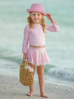 Pretty Paisley Skort Rash Guard Two Piece Swimsuit -MEO Kid Clothing Shop GSSWC006 Pink 1