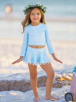 Pretty Paisley Skort Rash Guard Two Piece Swimsuit -MEO Kid Clothing Shop GSSWC007 LightBlue 1
