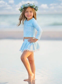 Pretty Paisley Skort Rash Guard Two Piece Swimsuit -MEO Kid Clothing Shop GSSWC007 LightBlue 4