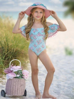 Tropical Paradise Off The Shoulder One Piece Swimsuit -MEO Kid Clothing Shop GSSWC021 Aqua 1