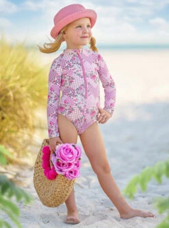 Summer Mode On Rash Guard One Piece Swimsuit -MEO Kid Clothing Shop GUSWC017 Pink 1