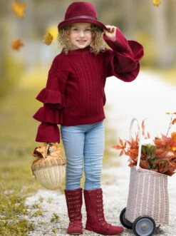 Burgundy Bliss Tiered Sleeve Cable Knit Sweater -MEO Kid Clothing Shop GWSTB009 Burgundy 3