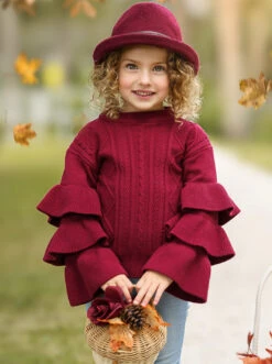 Burgundy Bliss Tiered Sleeve Cable Knit Sweater -MEO Kid Clothing Shop GWSTB009 Burgundy 4