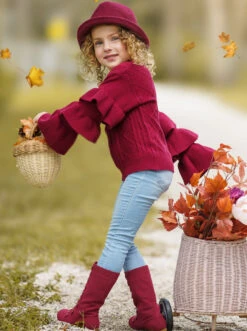 Burgundy Bliss Tiered Sleeve Cable Knit Sweater -MEO Kid Clothing Shop GWSTB009 Burgundy 5