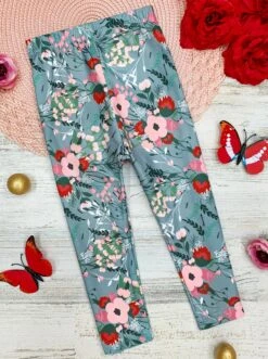 Girls Grey Flower Print Elastic Waist Capri Leggings