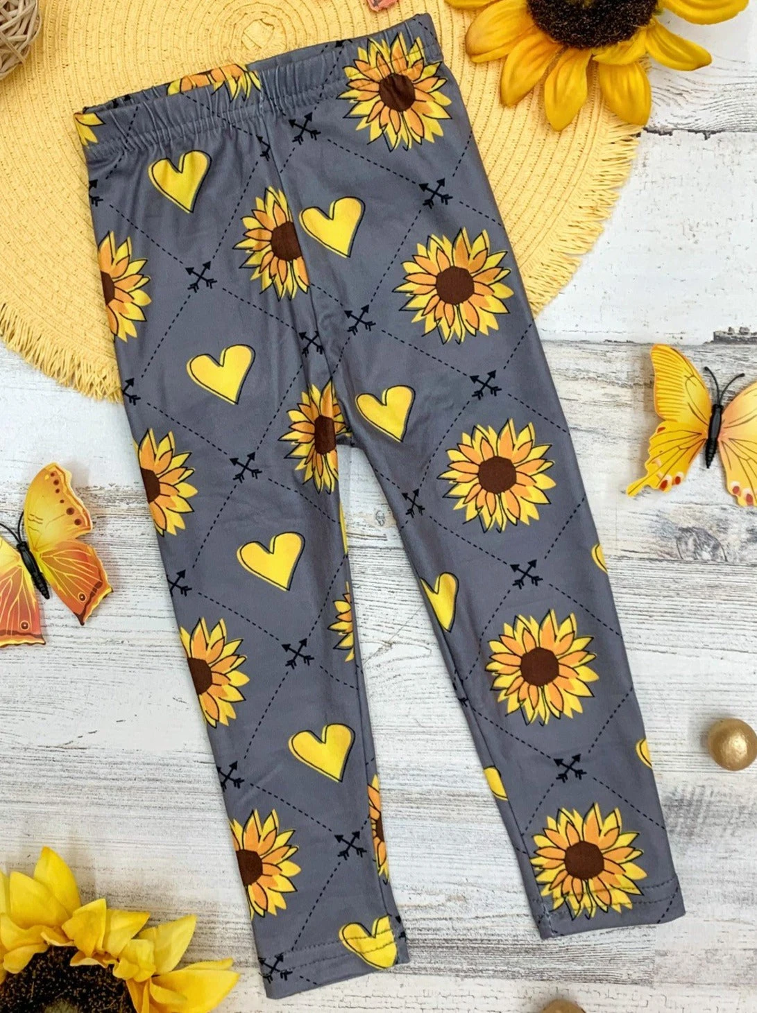 Girls Grey Sunflower And Heart Print Elastic Waist Capri Leggings 3 Girls Grey Sunflower And Heart Print Elastic Waist Capri Leggings