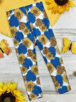 Girls Blue Sunflower Print Elastic Waist Capri Leggings