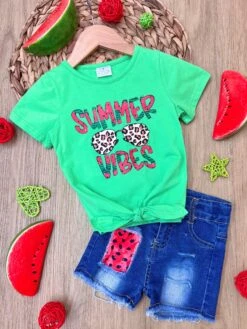 Summer Vibes Patch Denim Shorts Set