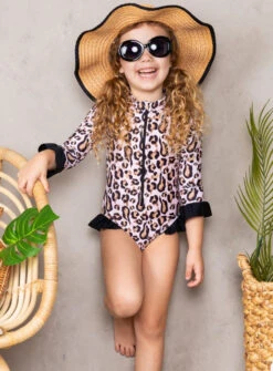 Girls Surf 4 Life Leopard One Piece Rash Guard Swimsuit