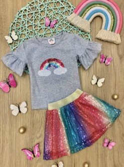 Rainbows & Clouds Sequin Skirt Set -MEO Kid Clothing Shop SUM12SET102CAGRS