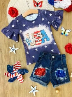 Starred USA Top & Sequin Patched Denim Short Set -MEO Kid Clothing Shop SUM12SET51CADBD 1