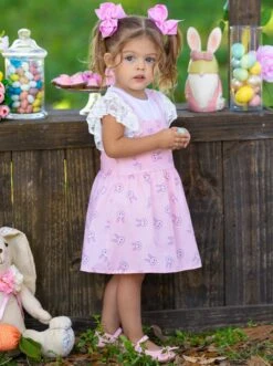 Bunny Hop Lace Button Back Overall Dress Set
