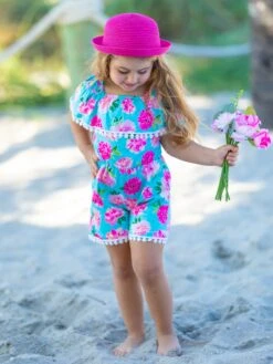 You Da Pom Floral Tassel Trim Romper -MEO Kid Clothing Shop SUM22JUMP7CAMPF Blue
