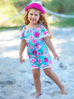 You Da Pom Floral Tassel Trim Romper -MEO Kid Clothing Shop SUM22JUMP7CAMPF Blue 9