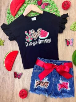 Peace, Love, Watermelon Patched Denim Short Set -MEO Kid Clothing Shop SUM22SET39CABLW