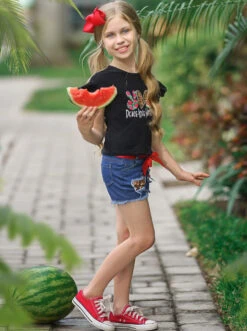 Peace, Love, Watermelon Patched Denim Short Set -MEO Kid Clothing Shop SUM22SET39CABLW Black 1