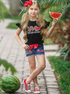 Peace, Love, Watermelon Patched Denim Short Set