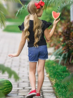 Peace, Love, Watermelon Patched Denim Short Set -MEO Kid Clothing Shop SUM22SET39CABLW Black 5