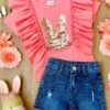 Glitter Bunny Ruffled Top & Denim Shorts Set 2 Glitter Bunny Ruffled Top & Denim Shorts Set -MEO Kid Clothing Shop SUM22SET47CAPSB Pink