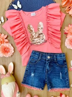 Glitter Bunny Ruffled Top & Denim Shorts Set