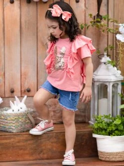 Glitter Bunny Ruffled Top & Denim Shorts Set -MEO Kid Clothing Shop SUM22SET47CAPSB Pink 3
